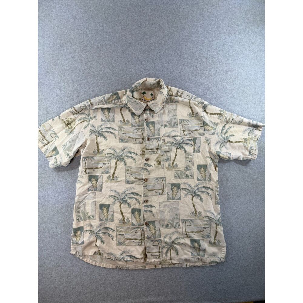 Banana Cabana Men's Large 100% Silk Hawaiian Shirt Tropical Palm Print